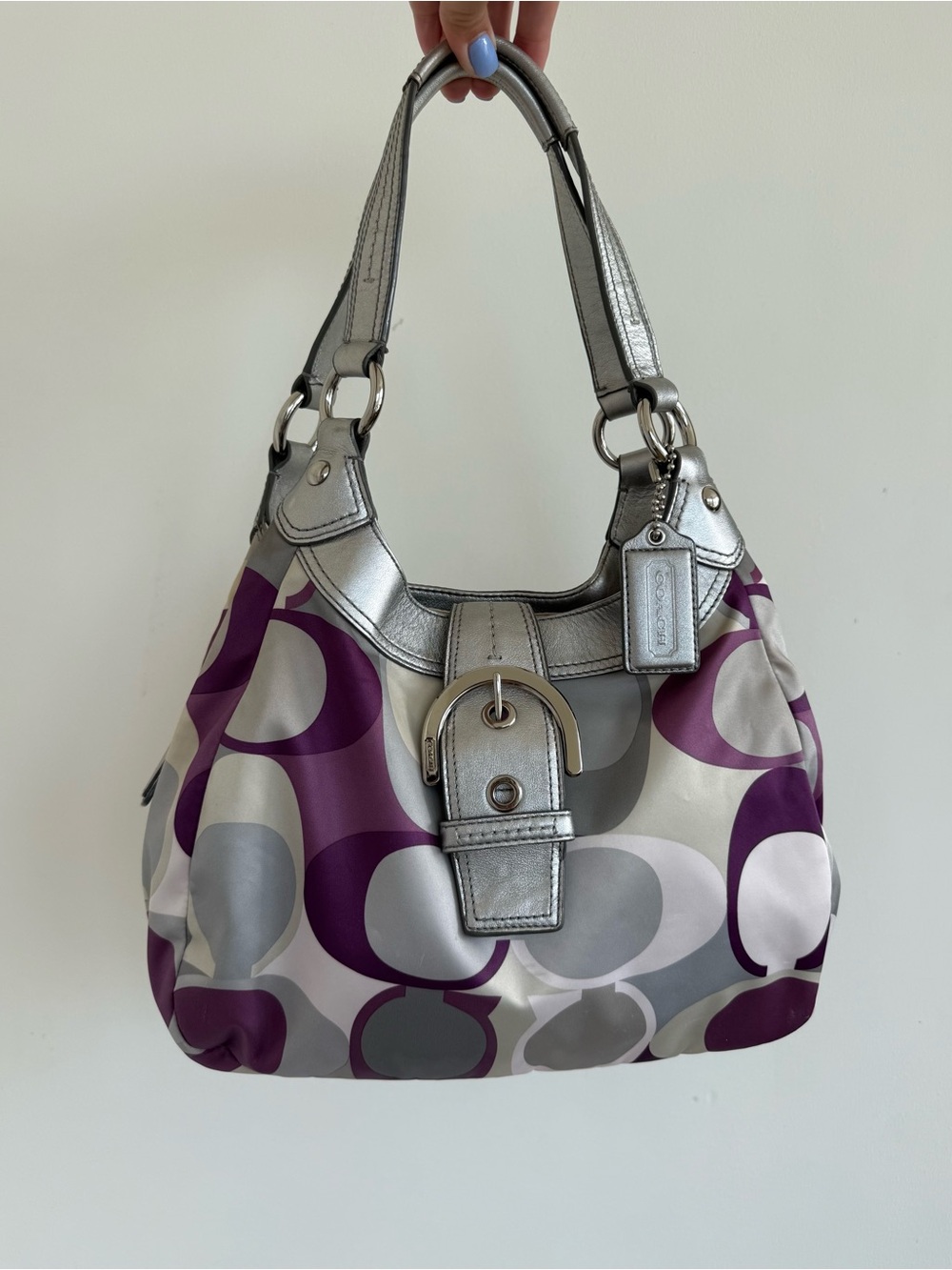 Coach Vintage Soho Satin Scarf Print Hobo Metallic Silver Purple C